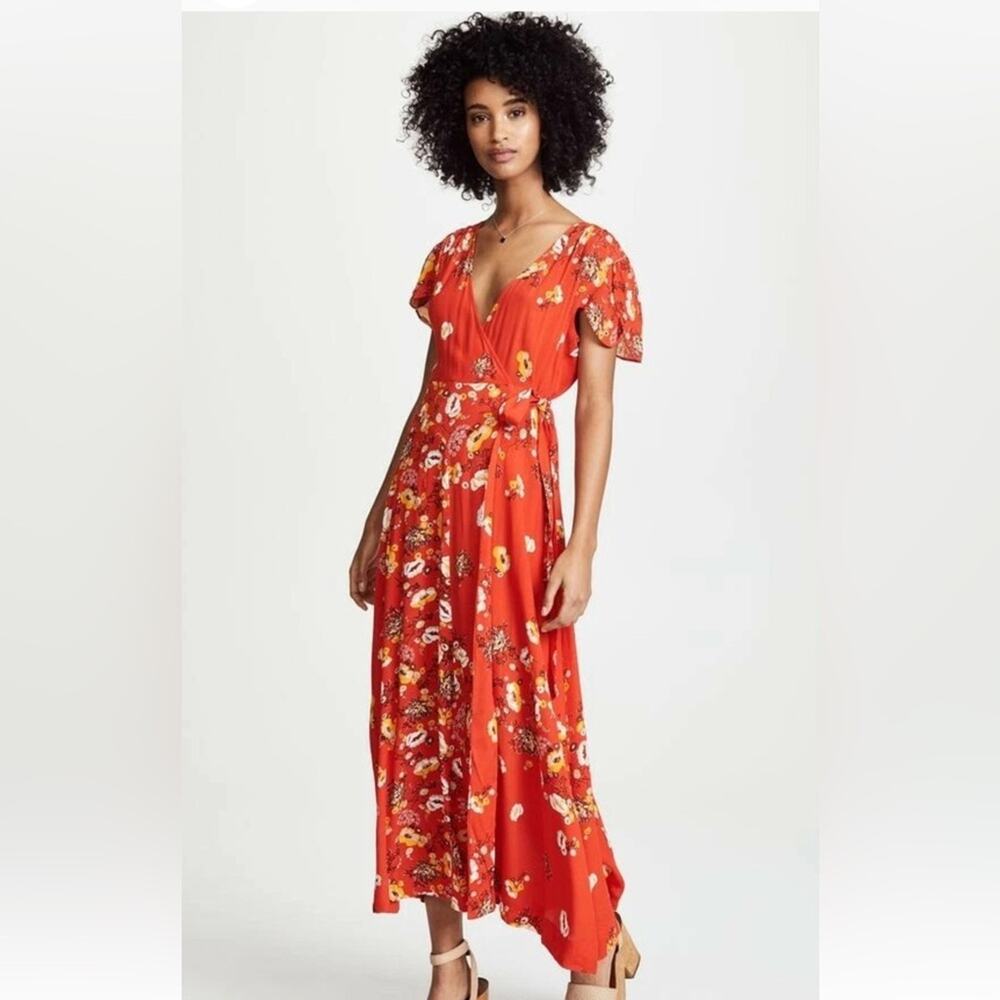 Free People Orange Floral Maxi Dress Wrap Fall Garden Flowers Brunch Shower XS